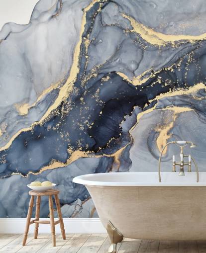 dark blue and gold customisable marble wallpaper mural called Beautiful Blue for kitchens or bathrooms