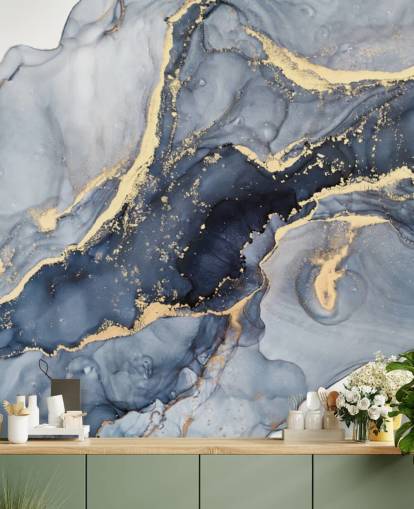Wandbild aus Marmor in Dunkelblau und Gold, personalisierbar, mit dem Namen Beautiful Blue, für Küchen oder Badezimmer