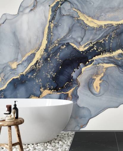 donkerblauwe en gouden aanpasbare marmeren behangmuurschildering genaamd Beautiful Blue voor keukens of badkamers