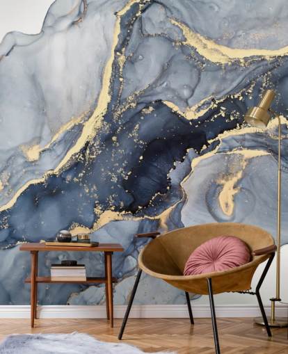 Wandbild aus Marmor in Dunkelblau und Gold, personalisierbar, mit dem Namen Beautiful Blue, für Küchen oder Badezimmer