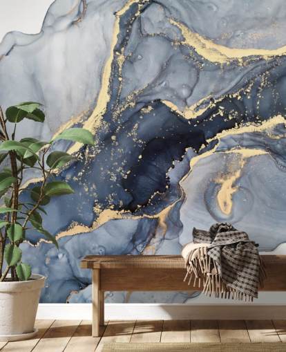 mørkeblå og gull tilpassbar marmor tapet veggmaleri kalt Beautiful Blue for kjøkken eller bad