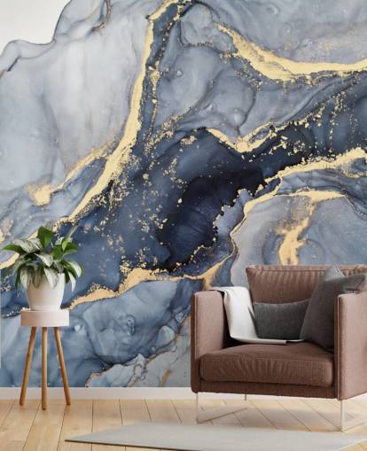 mørkeblå og guld tilpasselig marmor tapetmaleri kaldet Beautiful Blue til køkkener eller badeværelser