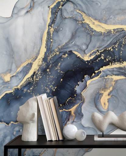 mural de papel pintado de mármol personalizable azul oscuro y dorado llamado Beautiful Blue para cocinas o baños