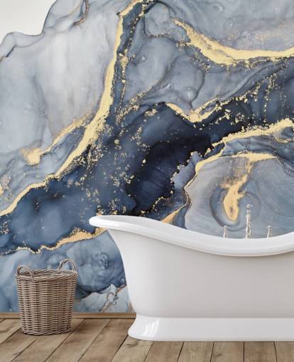 mørkeblå og guld tilpasselig marmor tapetmaleri kaldet Beautiful Blue til køkkener eller badeværelser