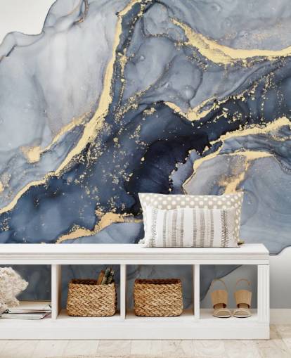 papier peint mural en marbre personnalisable bleu foncé et doré appelé Beautiful Blue pour les cuisines ou les salles de bain