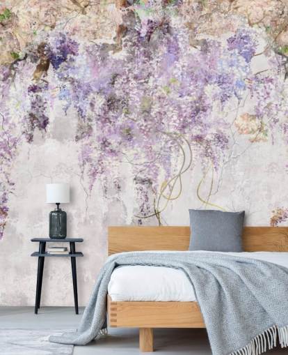 purple coloured wisteria on concrete effect wall wallpaper purple coloured wisteria on concrete effect wall wallpaper