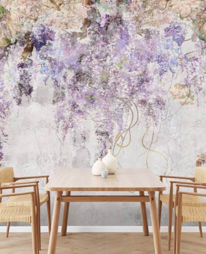 purple coloured wisteria on concrete effect wall wallpaper