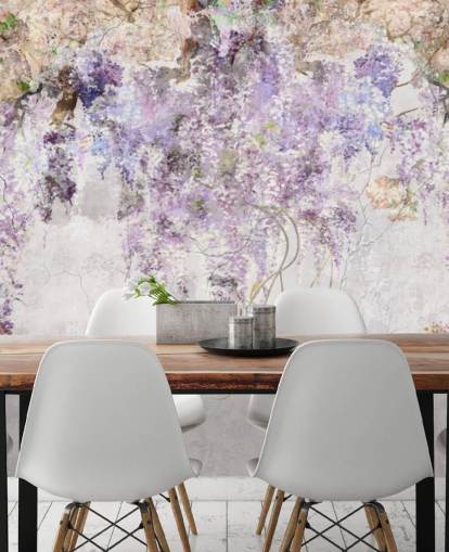 purple coloured wisteria on concrete effect wall wallpaper