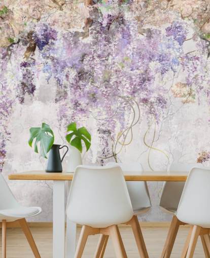 papel pintado de glicinas sobre hormigón de color púrpura
