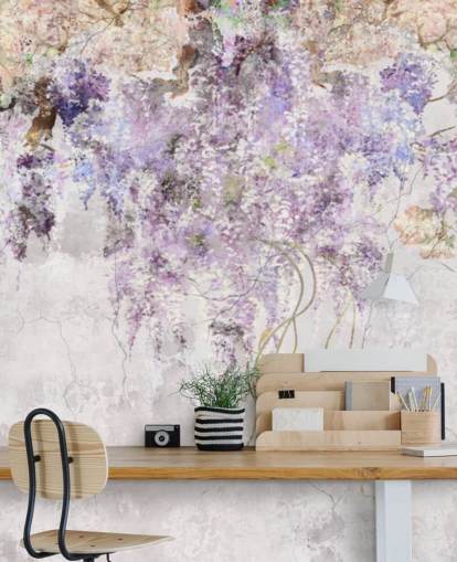 paars gekleurde blauweregen op muurbehang met betoneffect paars gekleurde blauweregen op muurbehang met betoneffect