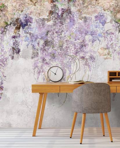 lila färgade blåregn på betong effekt vägg tapet
