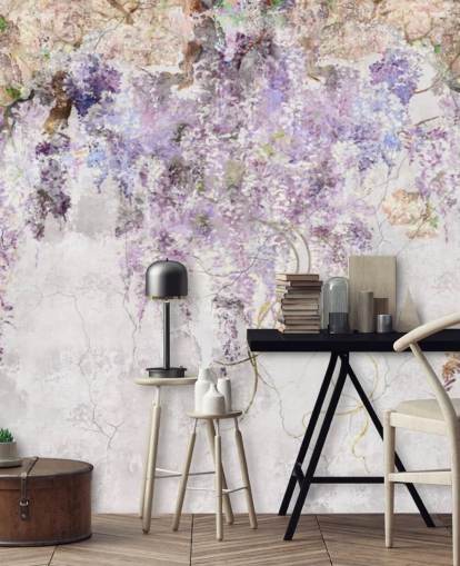 purple coloured wisteria on concrete effect wall wallpaper