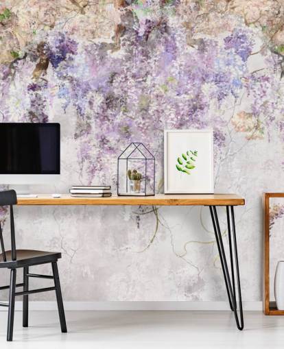 purple coloured wisteria on concrete effect wall wallpaper