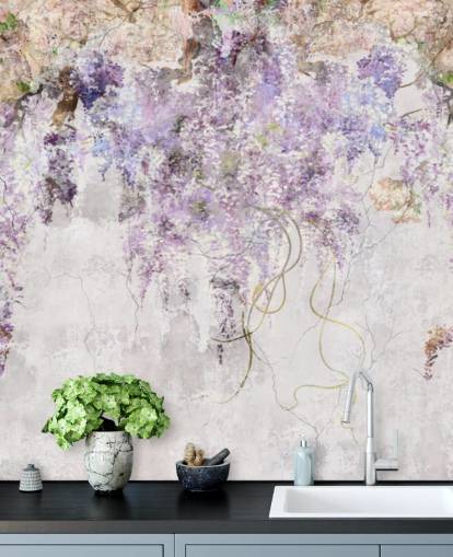 purple coloured wisteria on concrete effect wall wallpaper