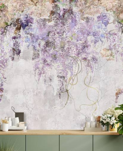 paars gekleurde blauweregen op muurbehang met betoneffect paars gekleurde blauweregen op muurbehang met betoneffect