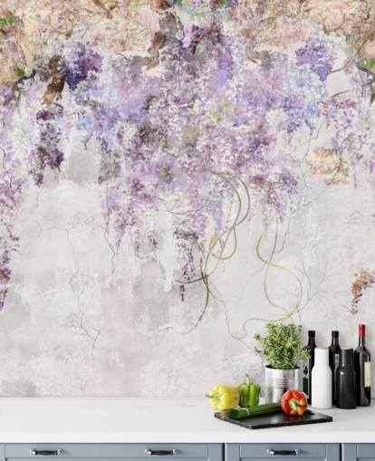 purple coloured wisteria on concrete effect wall wallpaper