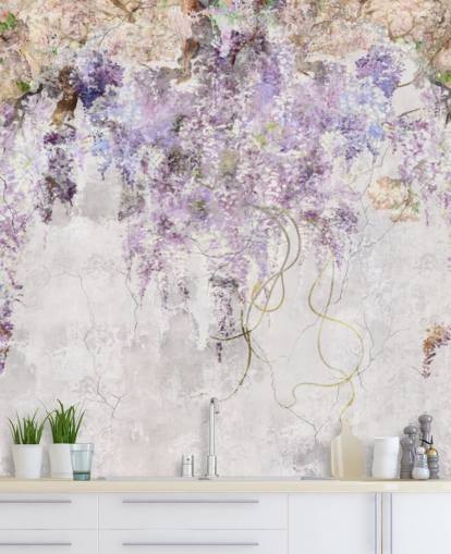 carta da parati effetto glicine viola su cemento