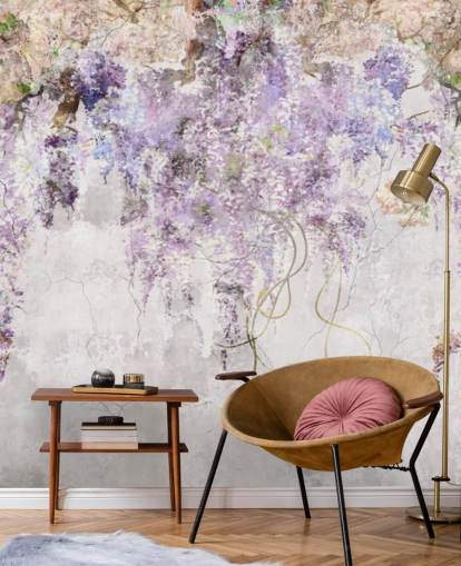purple coloured wisteria on concrete effect wall wallpaper