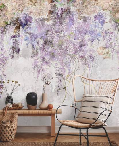 purple coloured wisteria on concrete effect wall wallpaper