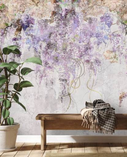 purple coloured wisteria on concrete effect wall wallpaper