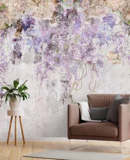 Papier peint effet béton glycine violette