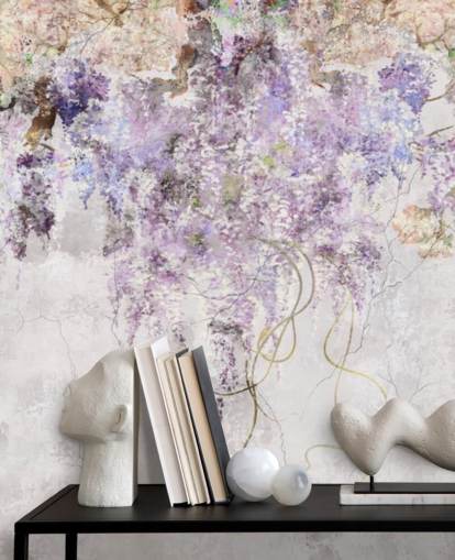 purple coloured wisteria on concrete effect wall wallpaper