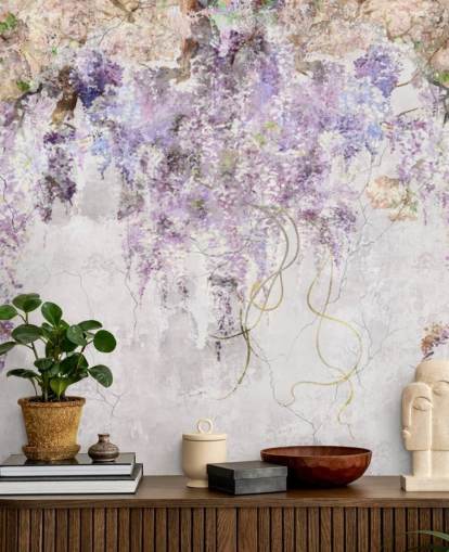 carta da parati effetto glicine viola su cemento