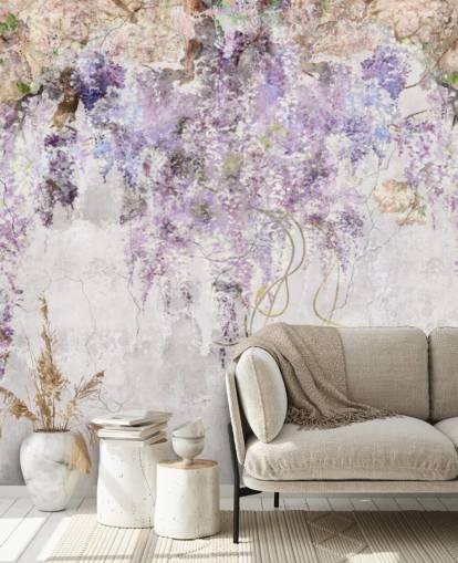 purple coloured wisteria on concrete effect wall wallpaper