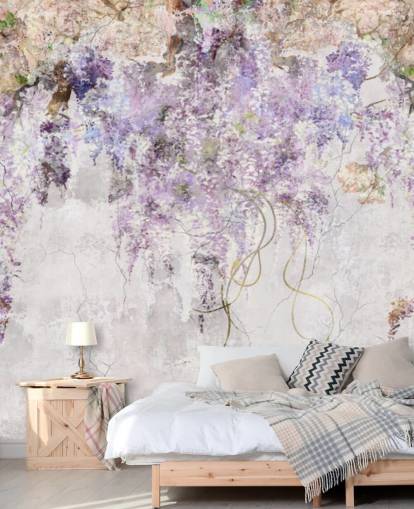 purple coloured wisteria on concrete effect wall wallpaper