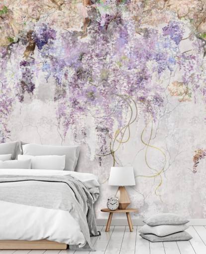 purple coloured wisteria on concrete effect wall wallpaper