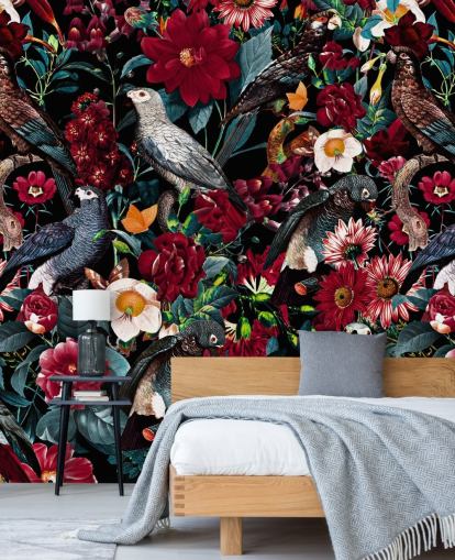 papagaio escuro e papel de parede de flores papagaio escuro e papel de parede de flores