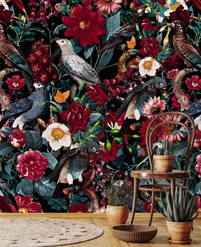 papier peint perroquet foncé et fleurs