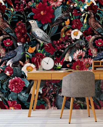 papier peint perroquet foncé et fleurs