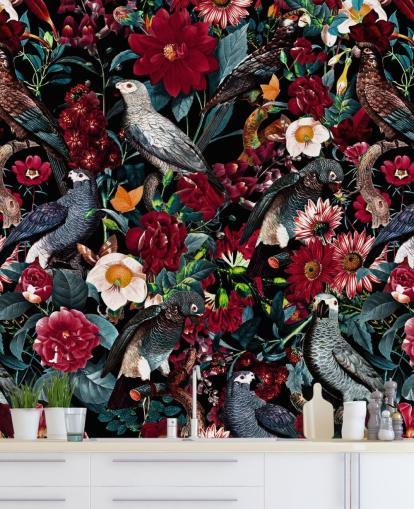 papier peint perroquet foncé et fleurs