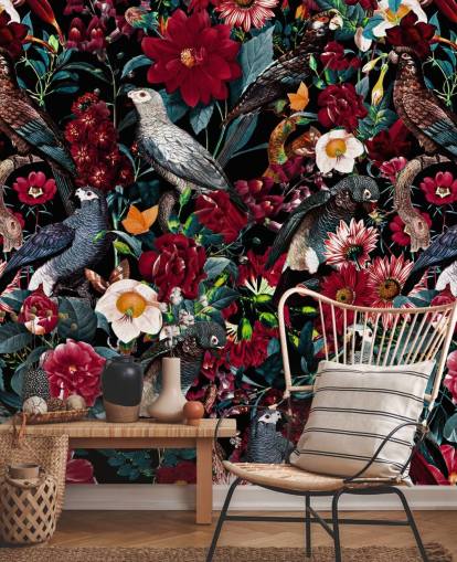 papier peint perroquet foncé et fleurs