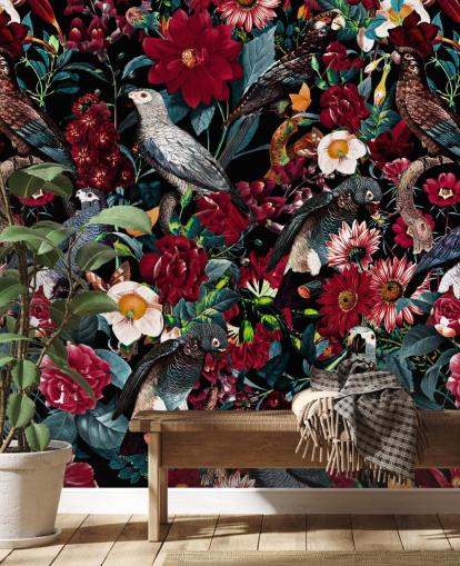 mörk papegoja och blomma tapet
