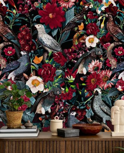 papier peint perroquet foncé et fleurs