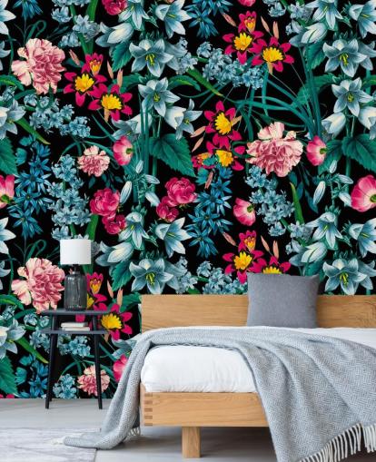 colourful flowers on dark background wallpaper