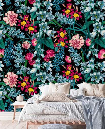 colourful flowers on dark background wallpaper