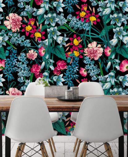 colourful flowers on dark background wallpaper