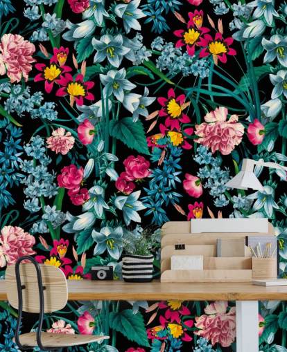 papel pintado de flores de colores sobre fondo oscuro