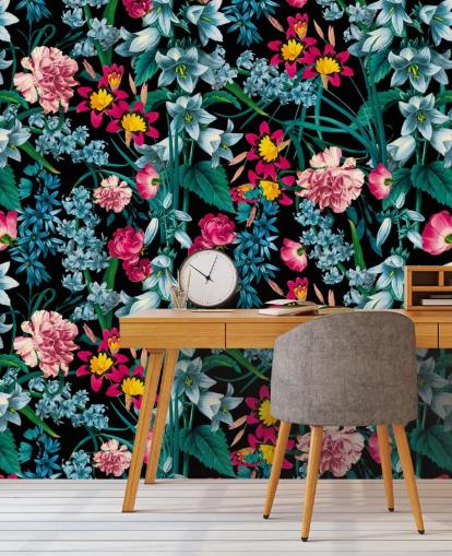 colourful flowers on dark background wallpaper