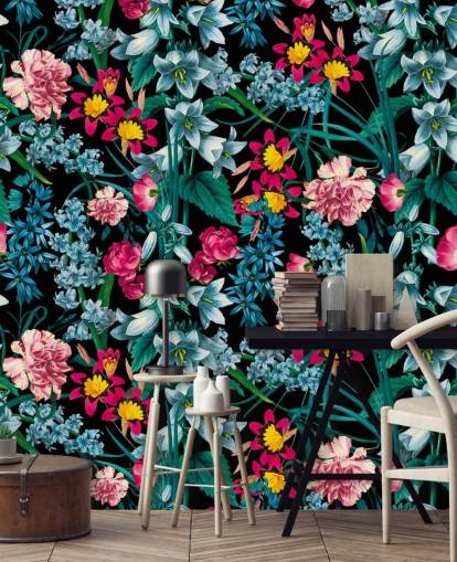 papel pintado de flores de colores sobre fondo oscuro