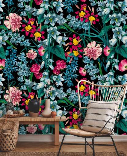 colourful flowers on dark background wallpaper