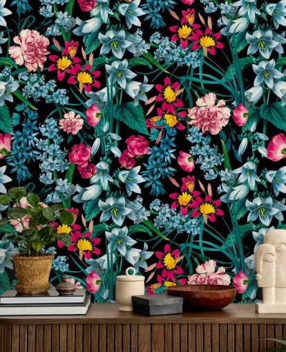 colourful flowers on dark background wallpaper