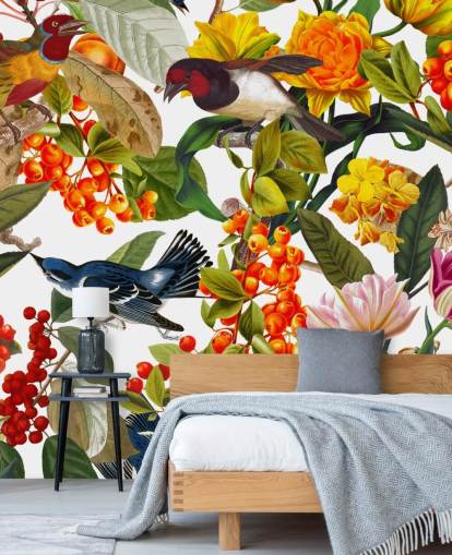 colourful flowers and birds wallpaper