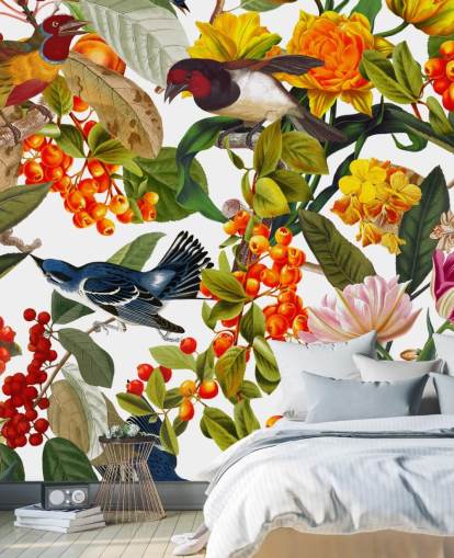 bunte Blumen und Vögel Wallpaper