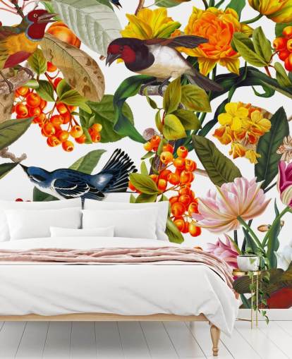kleurrijke bloemen en vogels behang