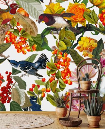 colourful flowers and birds wallpaper