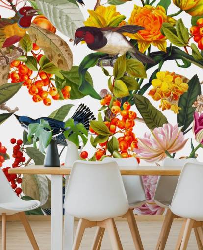 farverige blomster og fugle tapet